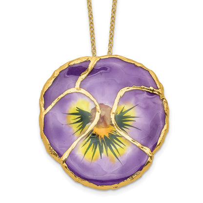 Fashion 24K Gold-Trim Lacquer Dipped Lilac Real Pansy 20 Inch Gold-Tone Necklace