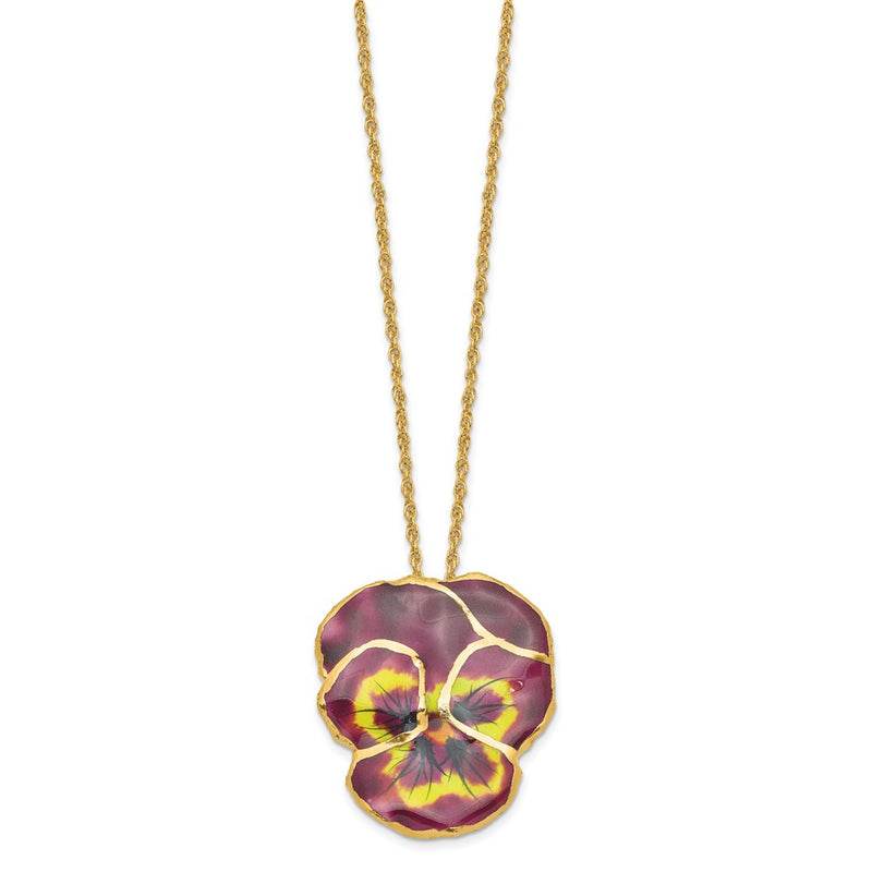 Fashion 24K Gold-Trim Lacquer Dipped Violet Real Pansy 20 Inch Gold-Tone Necklace
