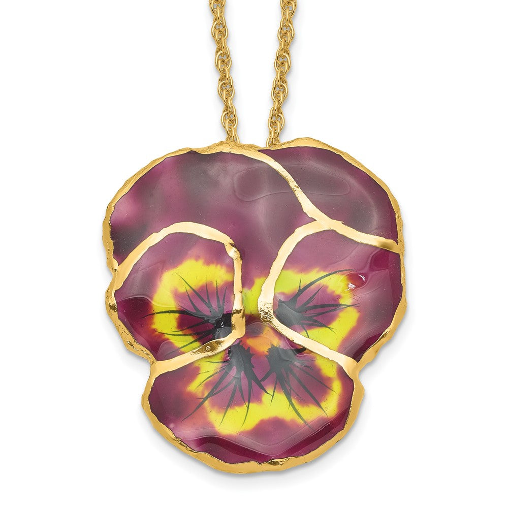 Fashion 24K Gold-Trim Lacquer Dipped Violet Real Pansy 20 Inch Gold-Tone Necklace