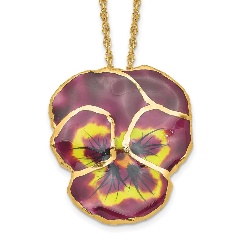 Fashion 24K Gold-Trim Lacquer Dipped Violet Real Pansy 20 Inch Gold-Tone Necklace