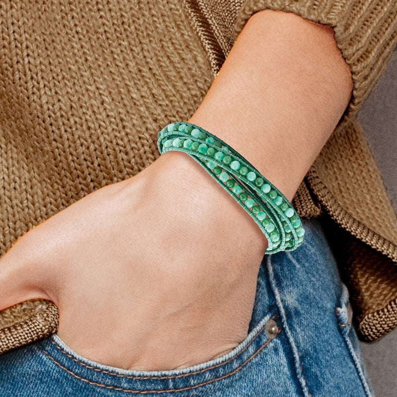 34 Inch Green Aventurine/Green Quartz/Fw Cultured Pearl Clasp Leather Wrap Bracelet