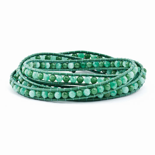 34 Inch Green Aventurine/Green Quartz/Fw Cultured Pearl Clasp Leather Wrap Bracelet