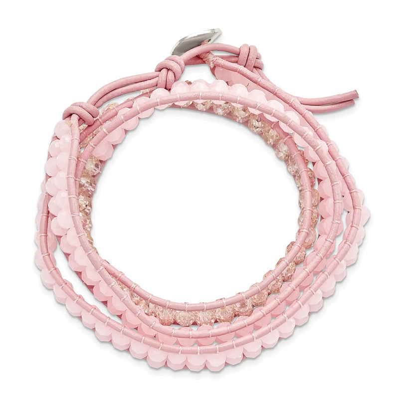 20 Inch Pink Leather Rose Quartz Beaded Multi Wrap Brass Button Bracelet