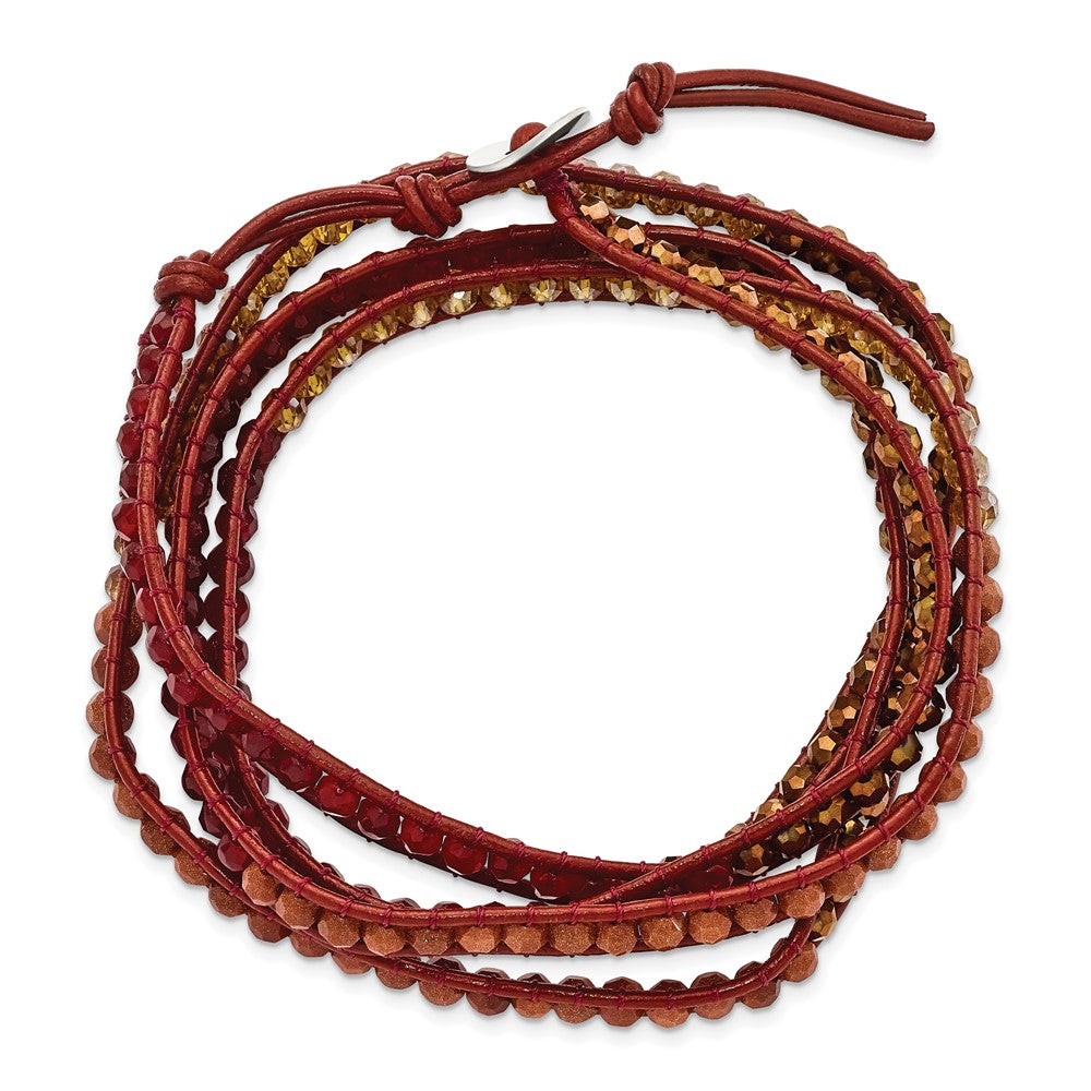 34 Inch Crystal/Red Quartz/ Red Sand Stone/Leather Multi-Wrap Bracelet
