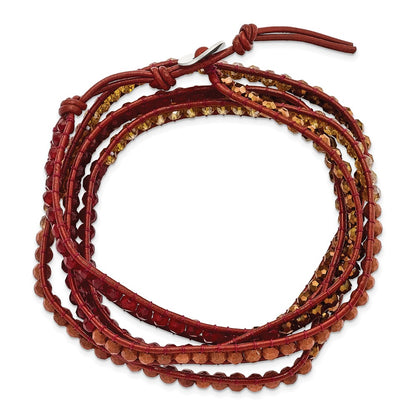 34 Inch Crystal/Red Quartz/ Red Sand Stone/Leather Multi-Wrap Bracelet
