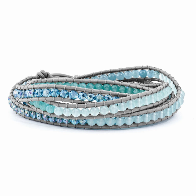 33.5 Inch Crystal And Blue Quartz Beaded Leather Multi-Wrap Bracelet