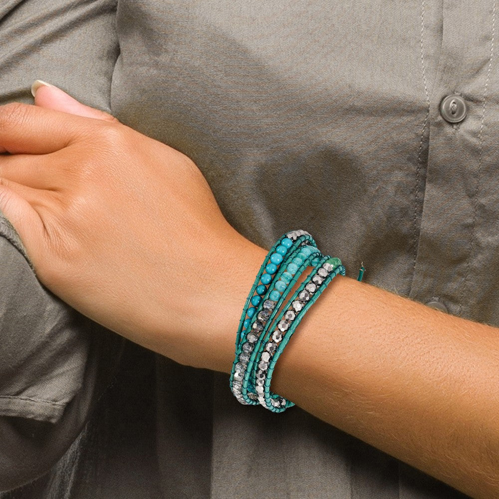 20 Inch Green Aventurine/Crystal/Reconturquoise/Leather Multi-Wrap Bracelet