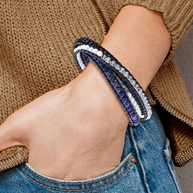 34 Inch Blue Agate/Crystal/Sodalite/Leather Multi-Wrap Bracelet
