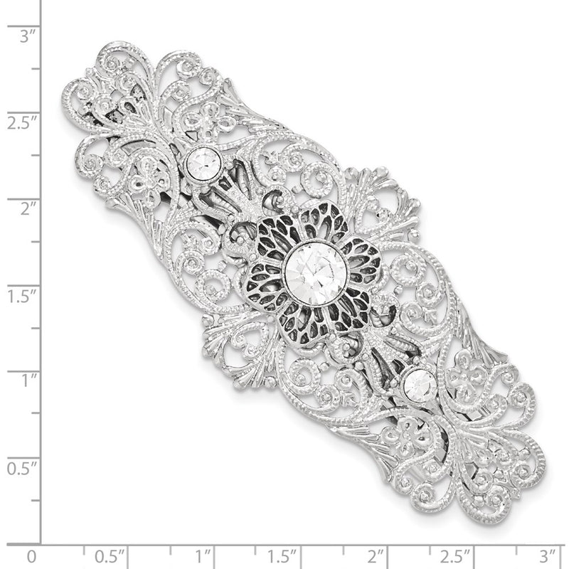 Fashion 1928 Jewelry Silver-Tone Ornate Filigree Clear Crystal Large Hair Barrette