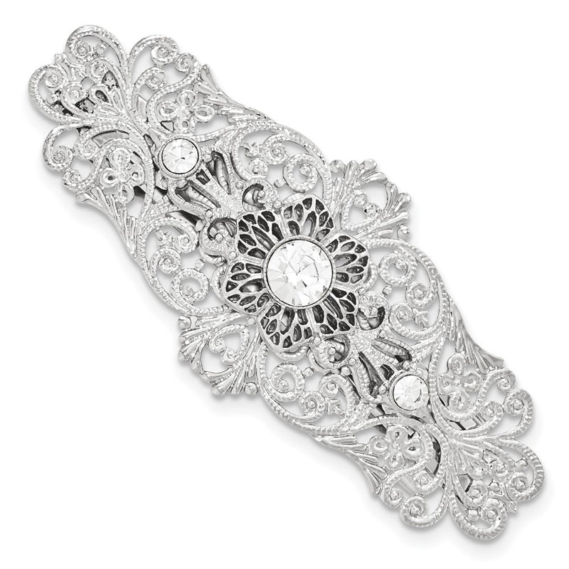 Fashion 1928 Jewelry Silver-Tone Ornate Filigree Clear Crystal Large Hair Barrette