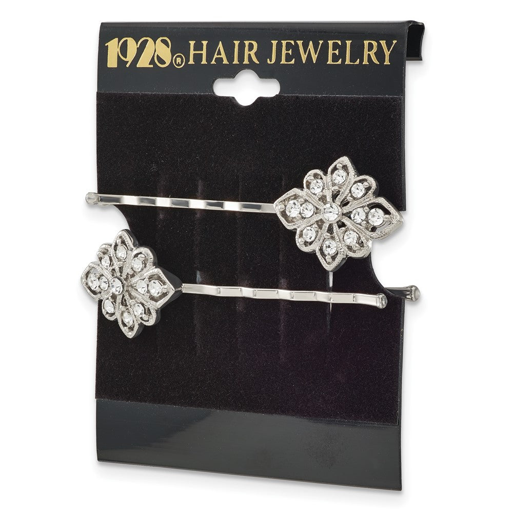Fashion 1928 Jewelry Set Of 2 Silver-Tone Filigree Clear Crystal Hairpins