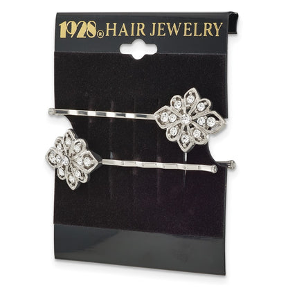 Fashion 1928 Jewelry Set Of 2 Silver-Tone Filigree Clear Crystal Hairpins