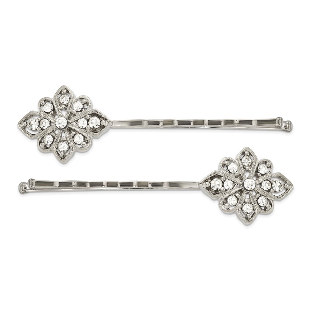 Fashion 1928 Jewelry Set Of 2 Silver-Tone Filigree Clear Crystal Hairpins