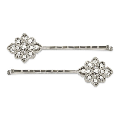 Fashion 1928 Jewelry Set Of 2 Silver-Tone Filigree Clear Crystal Hairpins