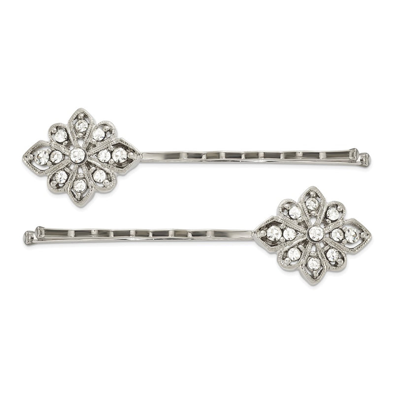 Fashion 1928 Jewelry Set Of 2 Silver-Tone Filigree Clear Crystal Hairpins
