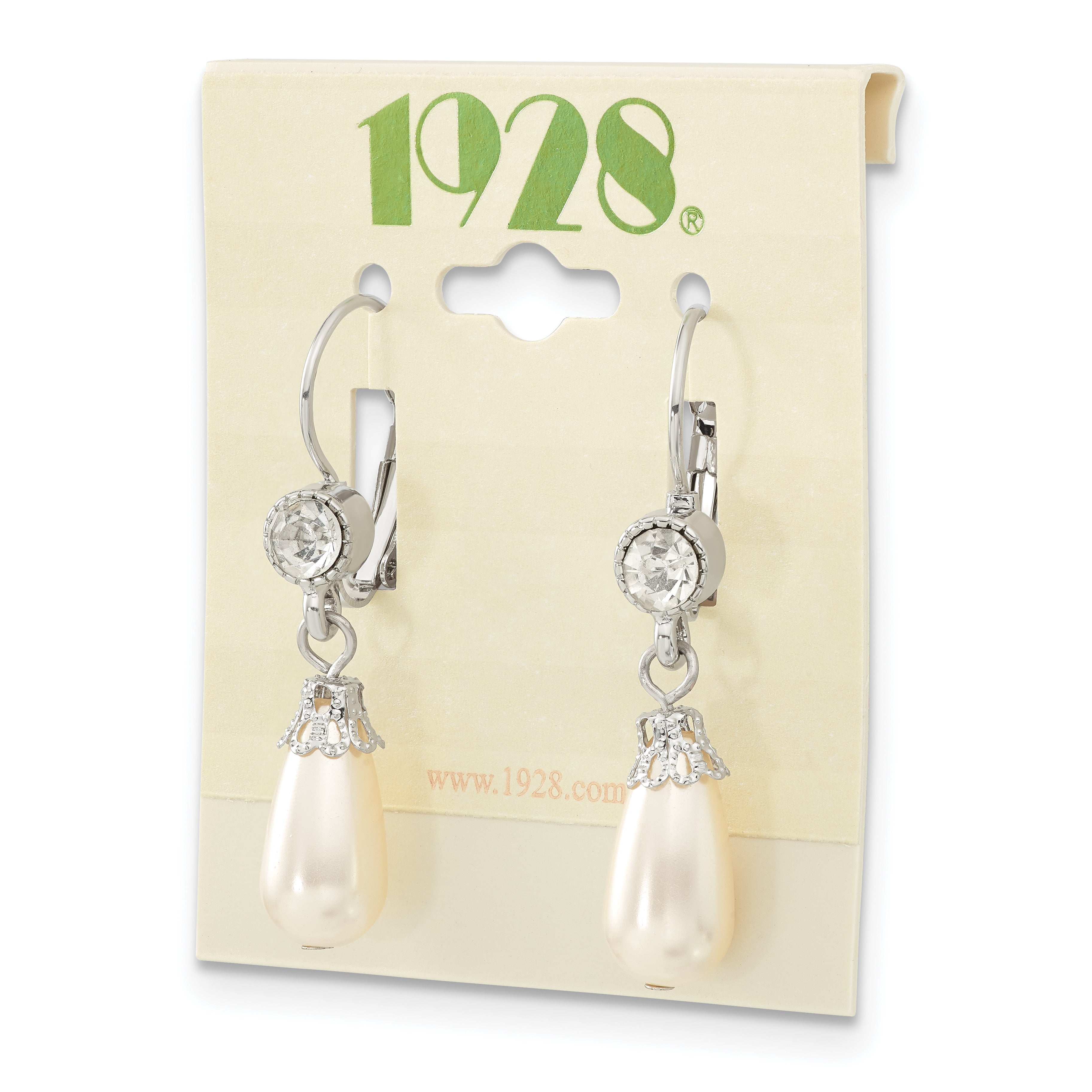 Fashion 1928 Jewelry Silver-Tone Clear Crystal Imitation Pearl Teardrop Dangle Leverback Earrings