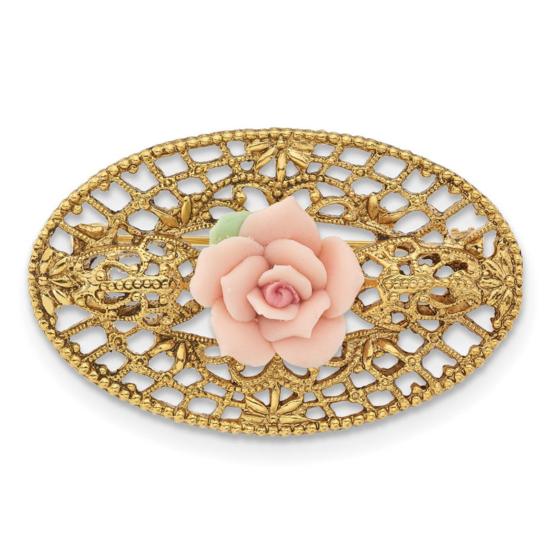 Fashion 1928 Jewelry Gold-Tone Filigree Pink Rose Porcelain Flower Pin Brooch