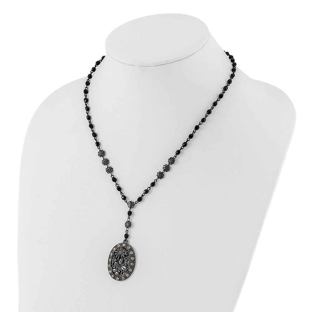 Fashion 1928 Black-Plated White Crystal & Glass Beaded Oval W/3In. Ext. Necklace
