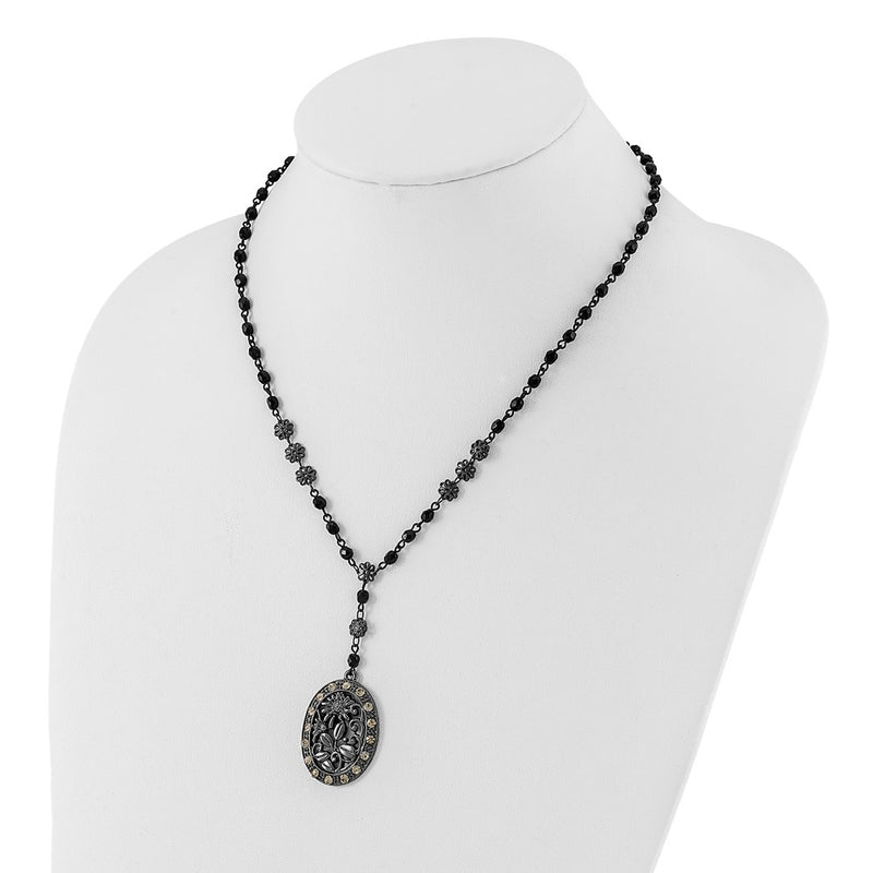 Fashion 1928 Black-Plated White Crystal & Glass Beaded Oval W/3In. Ext. Necklace