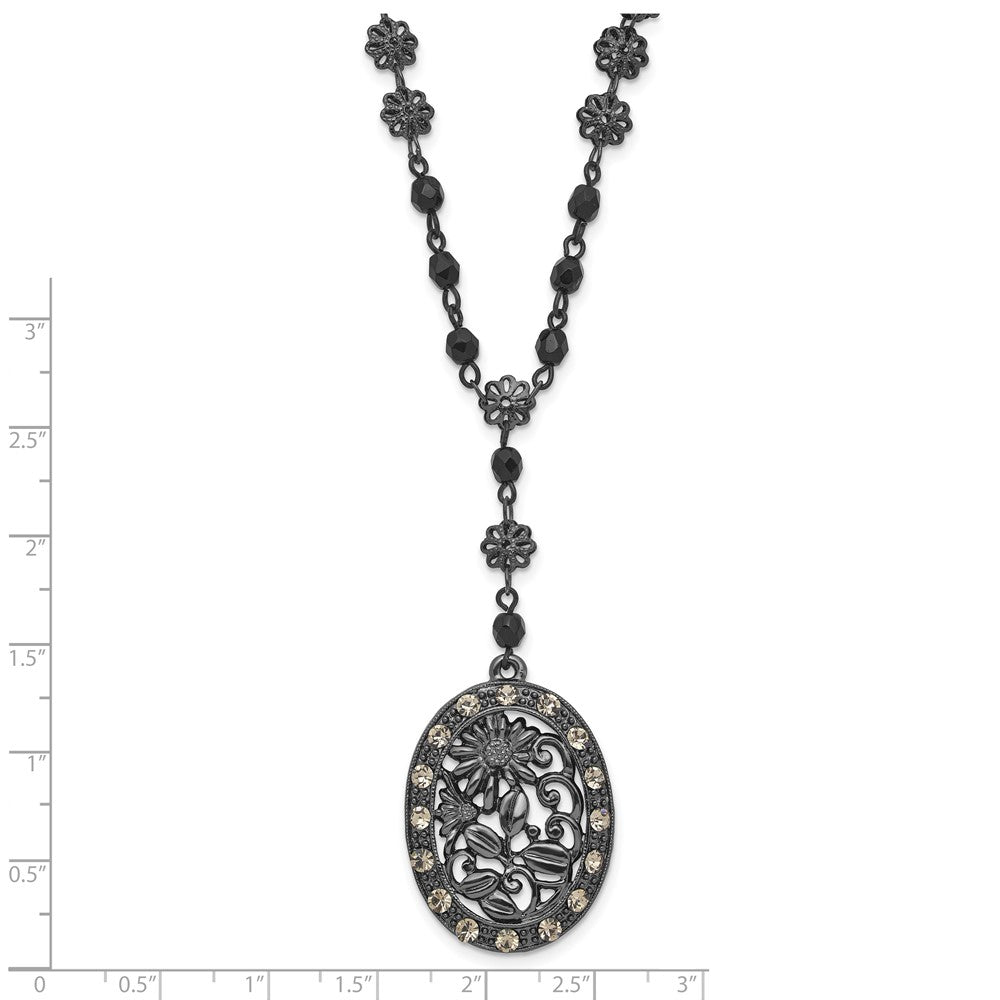 Fashion 1928 Black-Plated White Crystal & Glass Beaded Oval W/3In. Ext. Necklace