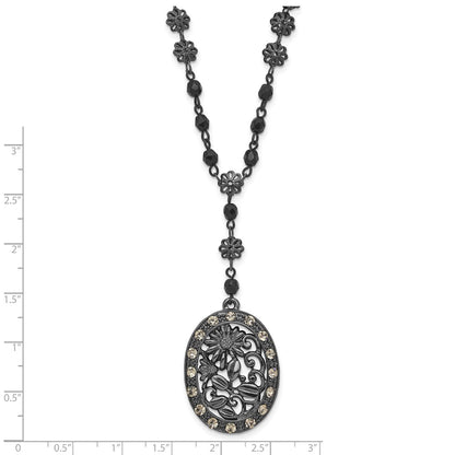 Fashion 1928 Black-Plated White Crystal & Glass Beaded Oval W/3In. Ext. Necklace