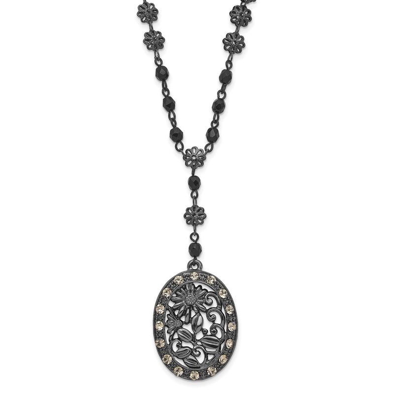 Fashion 1928 Black-Plated White Crystal & Glass Beaded Oval W/3In. Ext. Necklace