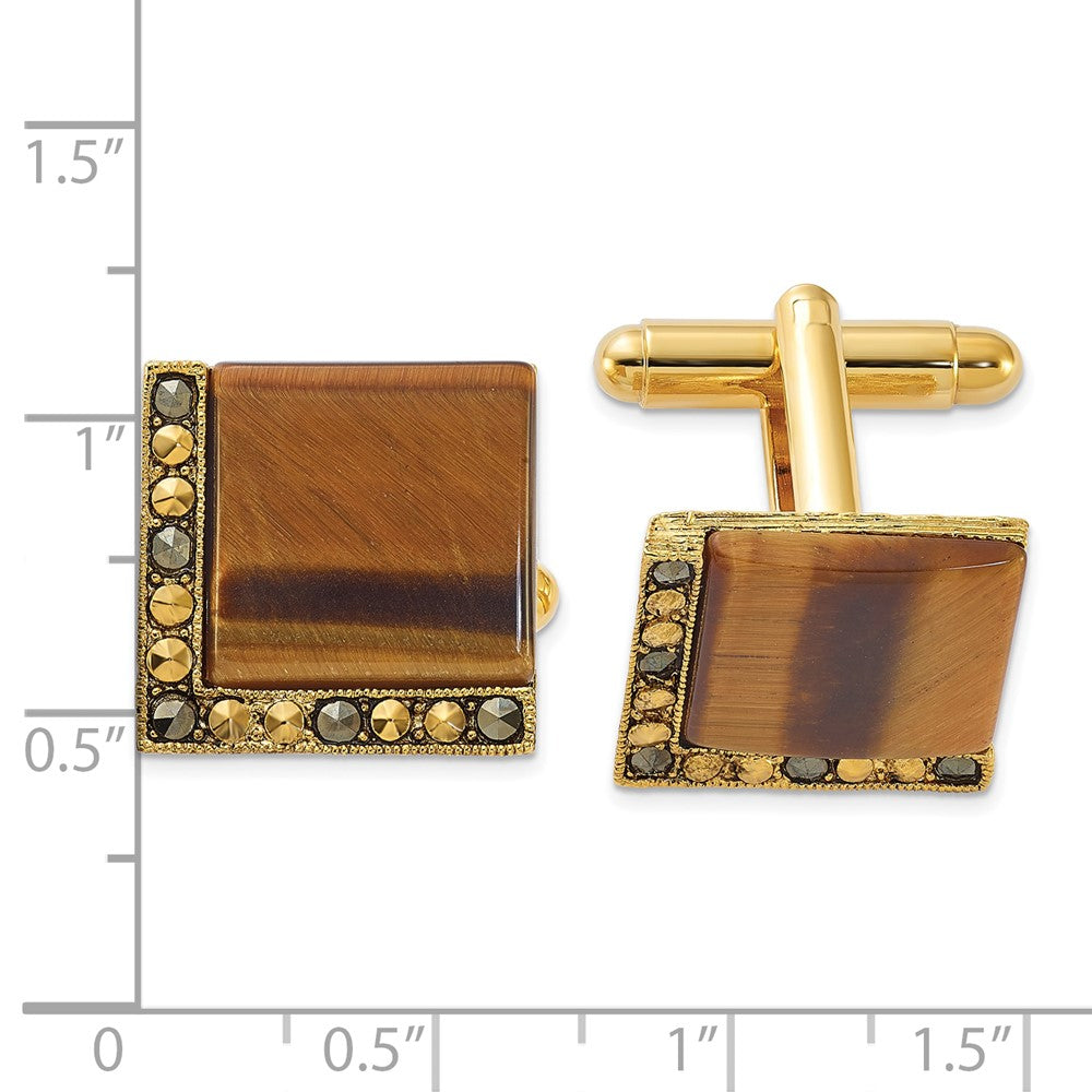 Fashion 1928 Gold-Tone Tiger Eye And Marcasite Cuff Links