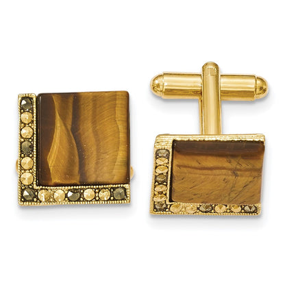 Fashion 1928 Gold-Tone Tiger Eye And Marcasite Cuff Links