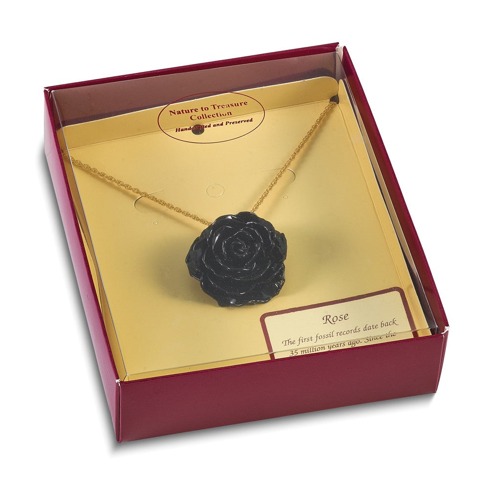Non Metal Lacquer Dipped Black Real Rose With 18 Inch Gold-Tone Necklace