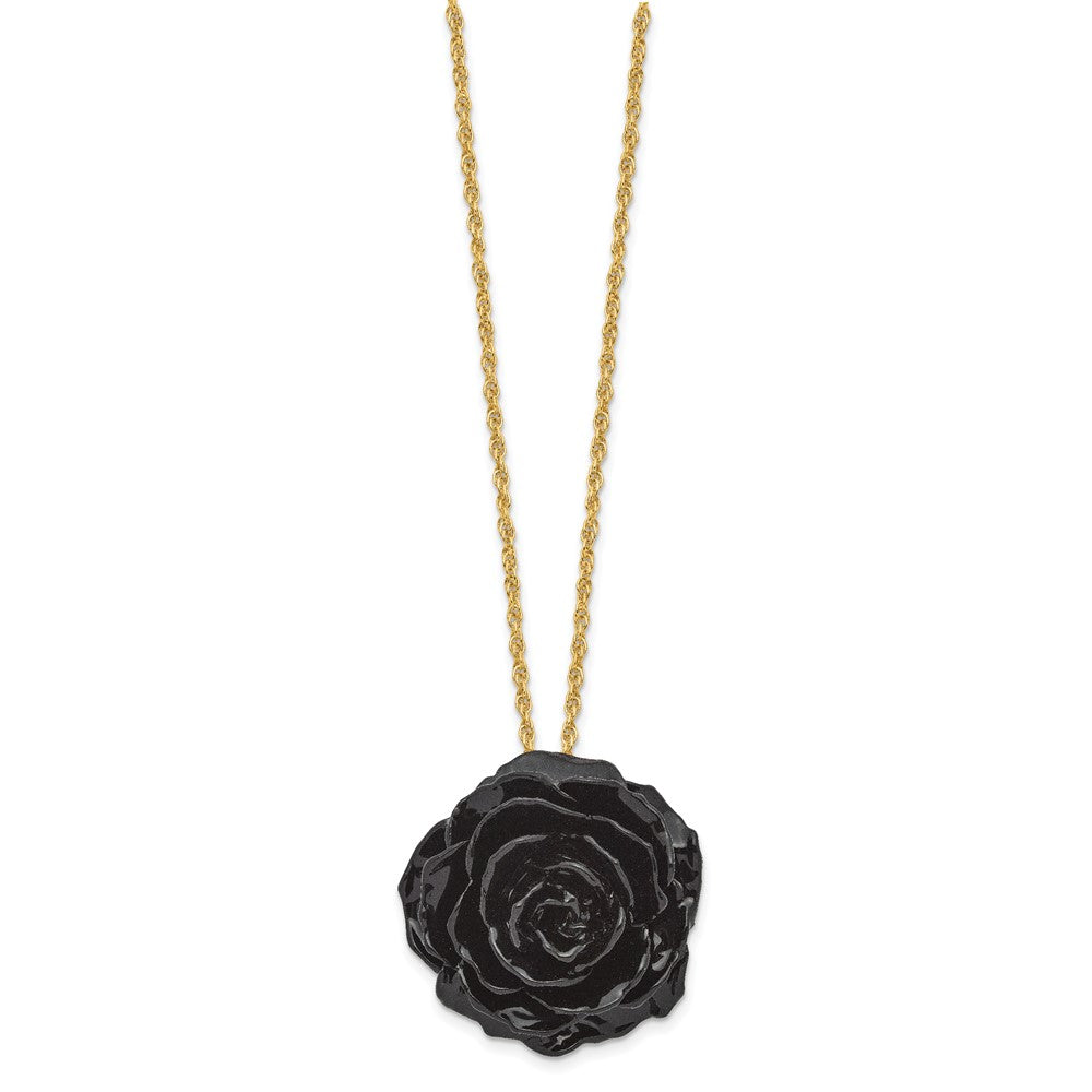 Non Metal Lacquer Dipped Black Real Rose With 18 Inch Gold-Tone Necklace