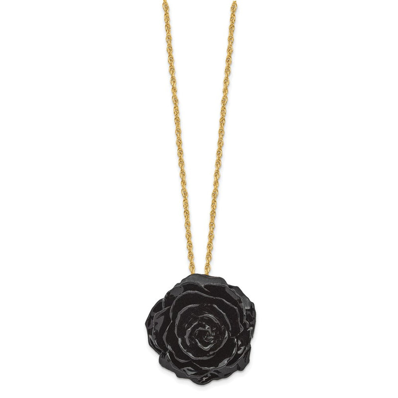 Non Metal Lacquer Dipped Black Real Rose With 18 Inch Gold-Tone Necklace