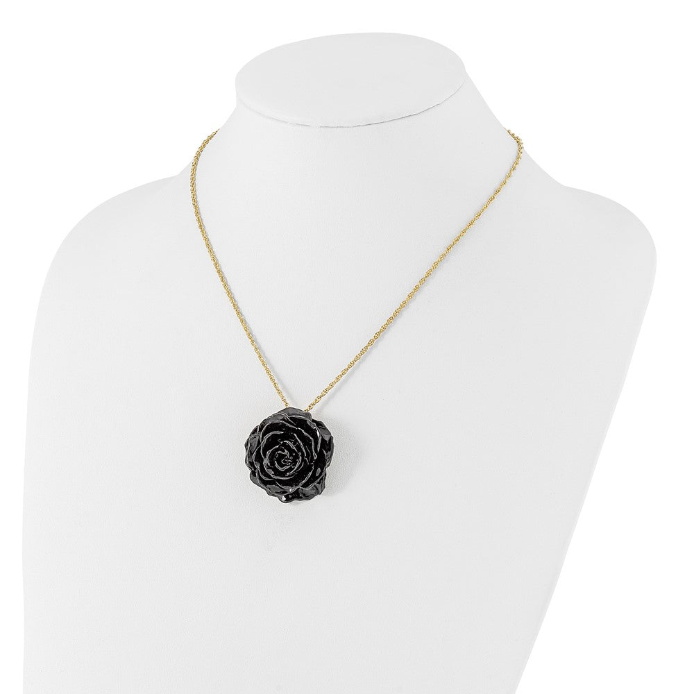 Non Metal Lacquer Dipped Black Real Rose With 18 Inch Gold-Tone Necklace