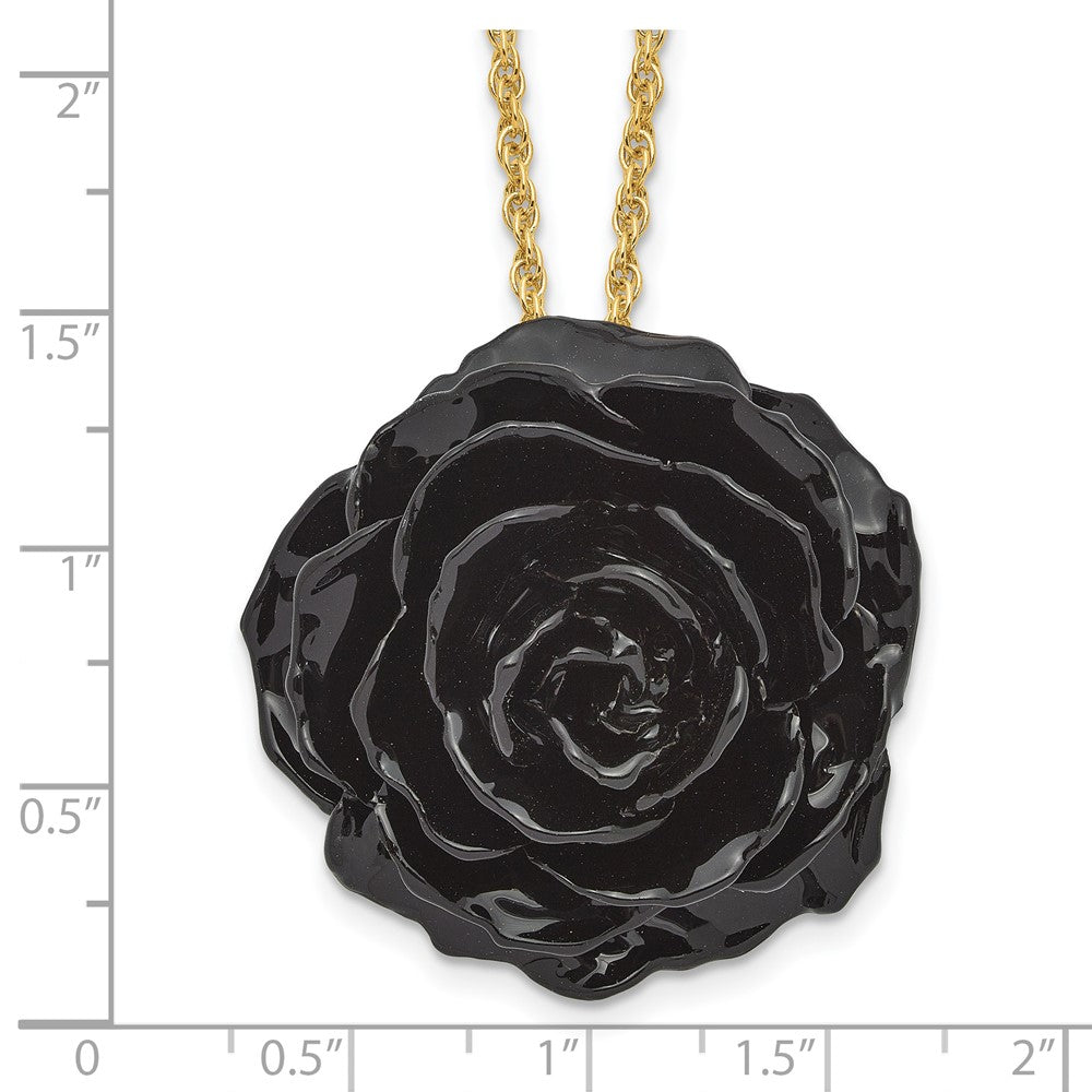 Non Metal Lacquer Dipped Black Real Rose With 18 Inch Gold-Tone Necklace