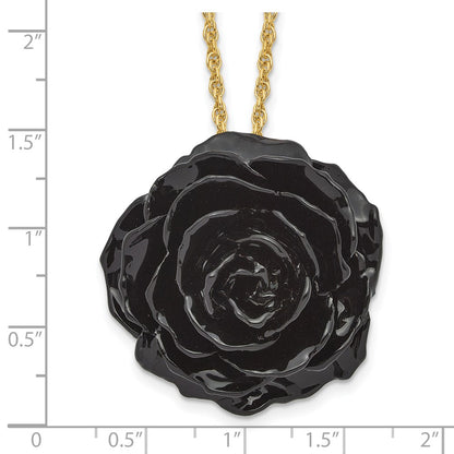 Non Metal Lacquer Dipped Black Real Rose With 18 Inch Gold-Tone Necklace