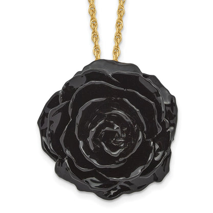 Non Metal Lacquer Dipped Black Real Rose With 18 Inch Gold-Tone Necklace