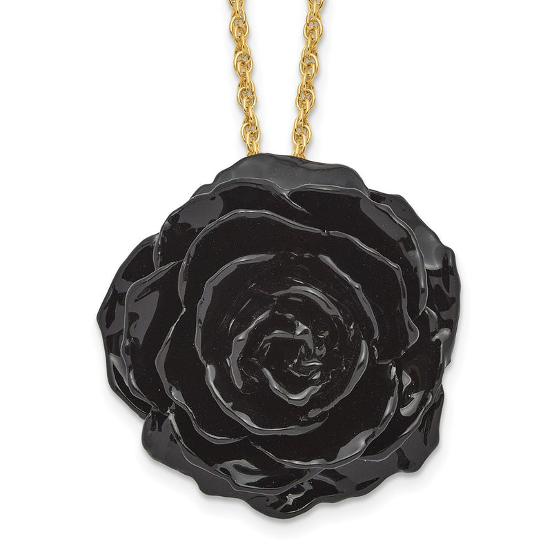 Non Metal Lacquer Dipped Black Real Rose With 18 Inch Gold-Tone Necklace