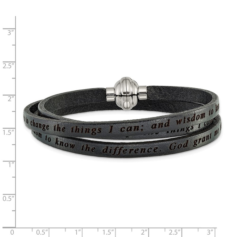 Stainless Steel Amen Serenity Prayer Black Leather Wrap With Magnetic Clasp 21 Inch Bracelet