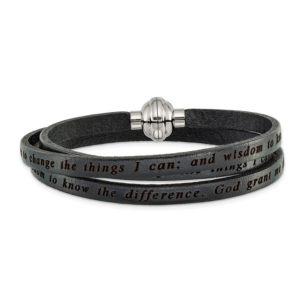 Stainless Steel Amen Serenity Prayer Black Leather Wrap With Magnetic Clasp 23.5 Inch Bracelet