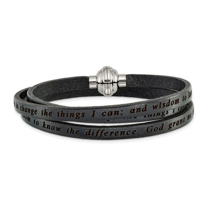 Stainless Steel Amen Serenity Prayer Black Leather Wrap With Magnetic Clasp 23.5 Inch Bracelet