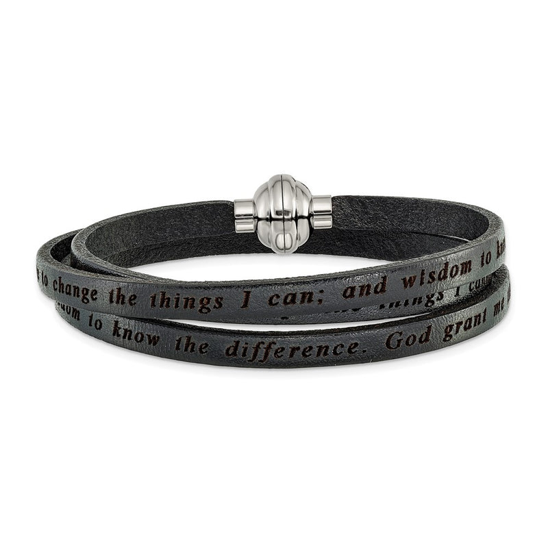 Stainless Steel Amen Serenity Prayer Black Leather Wrap With Magnetic Clasp 22.25 Inch Bracelet