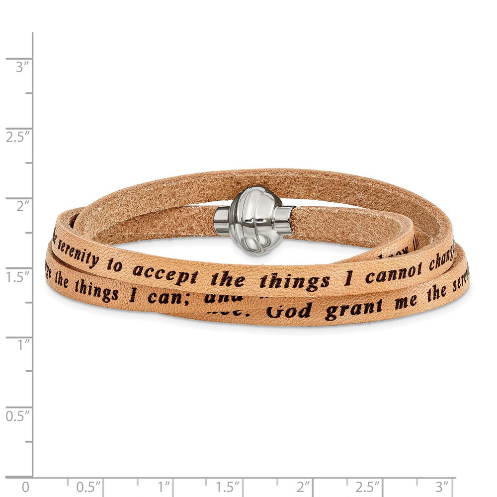 Stainless Steel Amen Serenity Prayer Tan Leather Wrap With Magnetic Clasp 21 Inch Bracelet