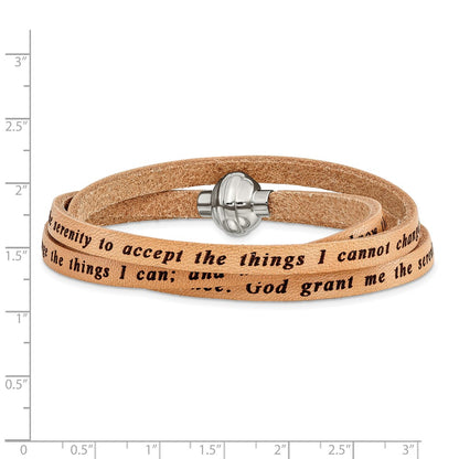Stainless Steel Amen Serenity Prayer Tan Leather Wrap With Magnetic Clasp 21 Inch Bracelet