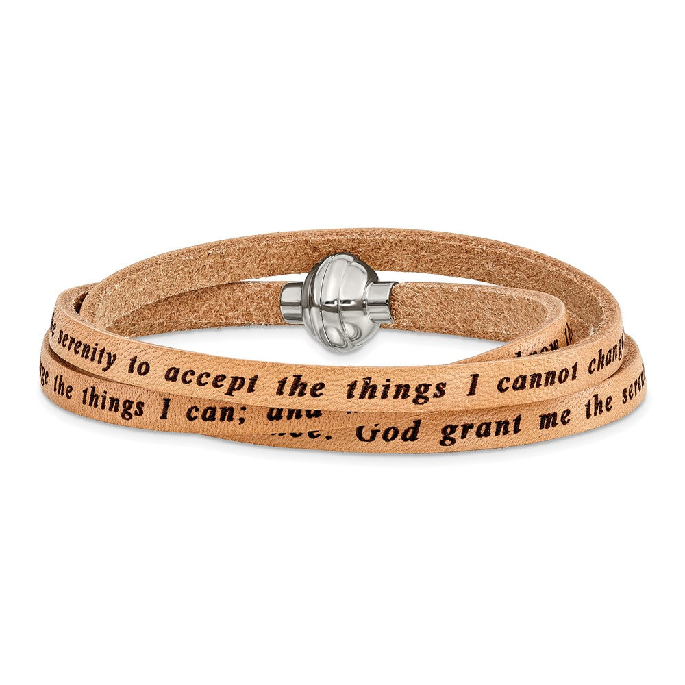 Stainless Steel Amen Serenity Prayer Tan Leather Wrap With Magnetic Clasp 21 Inch Bracelet
