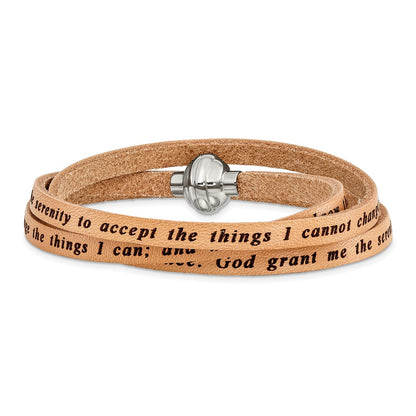 Stainless Steel Amen Serenity Prayer Tan Leather Wrap With Magnetic Clasp 23.5 Inch Bracelet