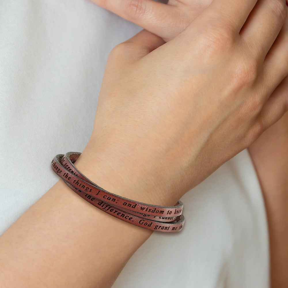 Stainless Steel Amen Serenity Prayer Brown Leather Wrap With Magnetic Clasp 22.25 Inch Bracelet