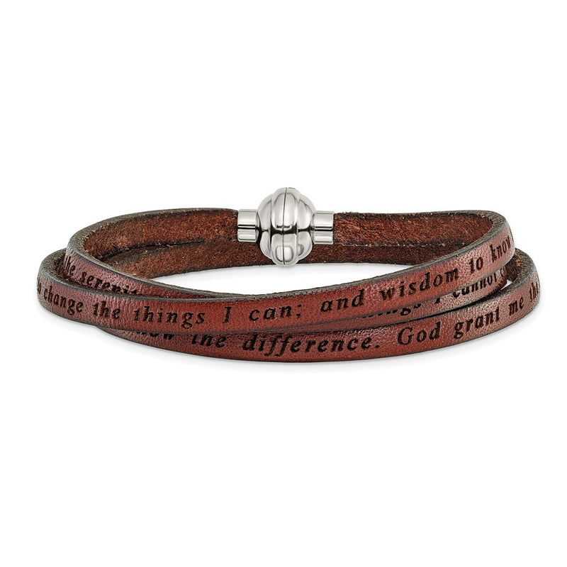 Stainless Steel Amen Serenity Prayer Brown Leather Wrap With Magnetic Clasp 21 Inch Bracelet