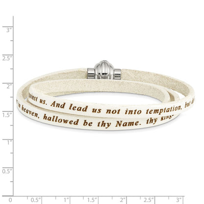 Stainless Steel Amen Lord'S Prayer White Leather Wrap With Magnetic Clasp 23.5 Inch Bracelet