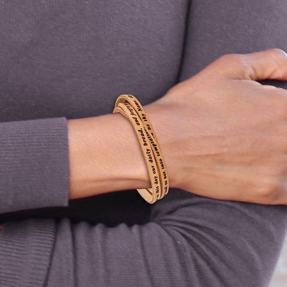 22.5 Inch Amen Stainless Steel Lord'S Prayer Tan Leather Wrap With Magnetic Clasp 22.25 Bracelet