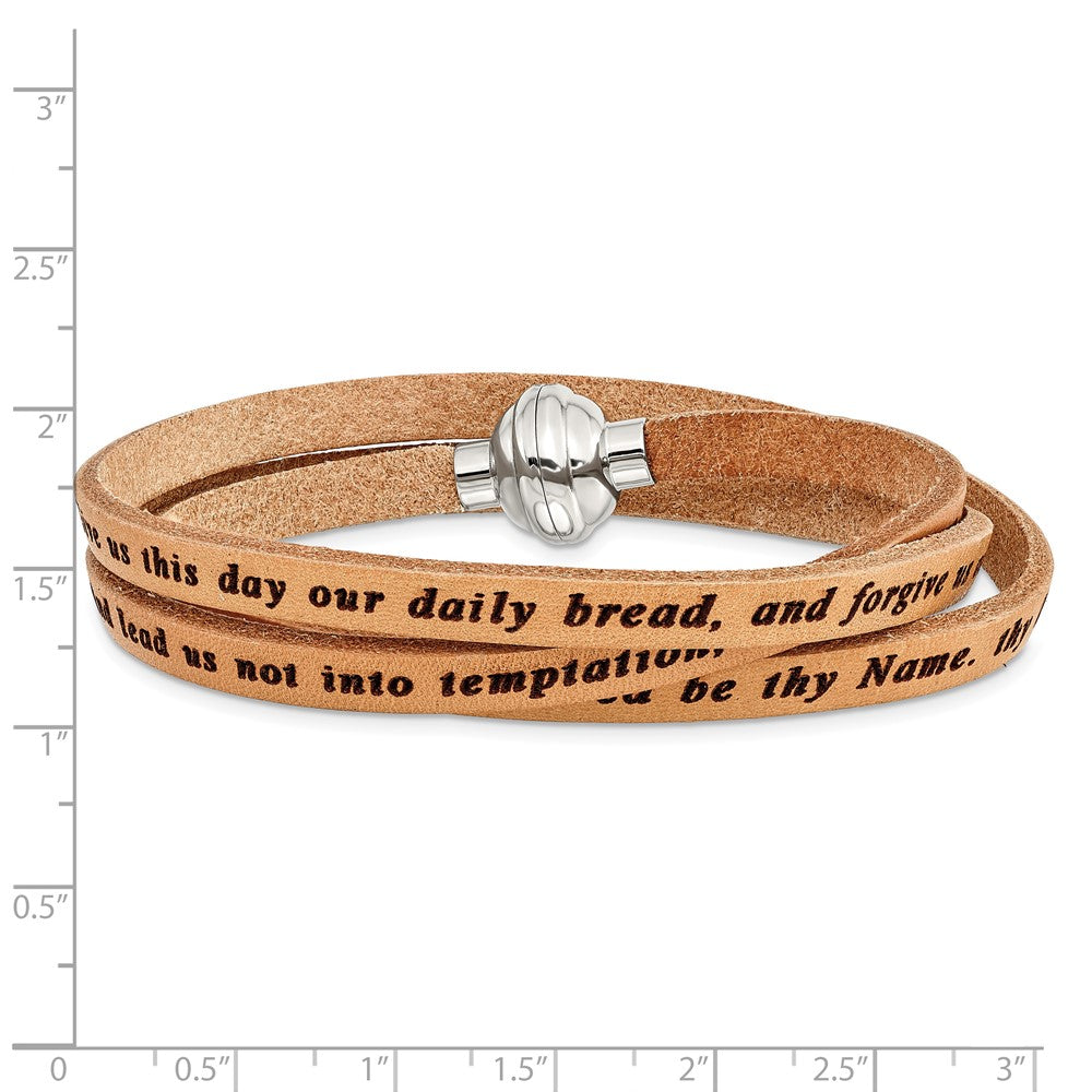 22.5 Inch Amen Stainless Steel Lord'S Prayer Tan Leather Wrap With Magnetic Clasp 22.25 Bracelet