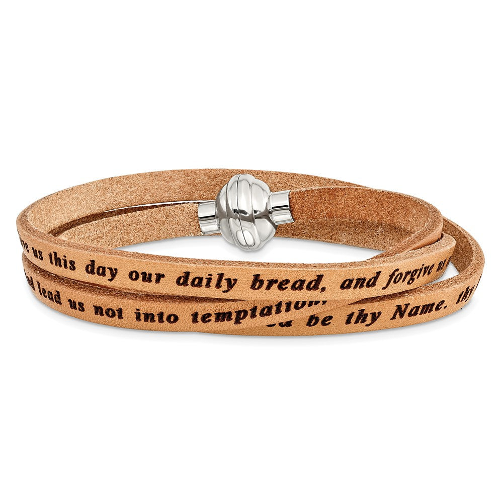 Stainless Steel Amen Lord'S Prayer Tan Leather Wrap With Magnetic Clasp 23.5 Inch Bracelet